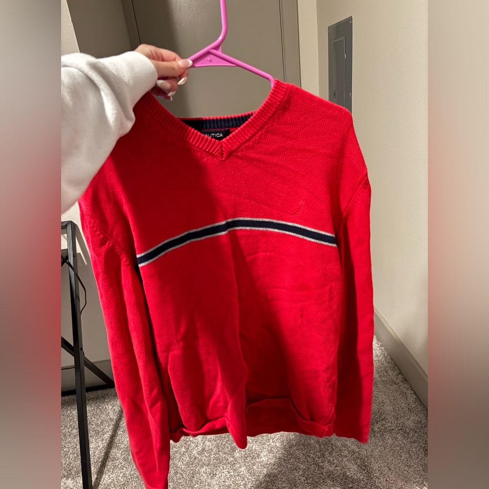 Nautica Red Sweater with Black and White Stripe